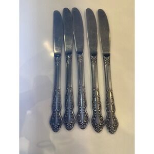 Vintage National Stainless Japan Set of 5 Ornate Handle Dinner Knives Silverware